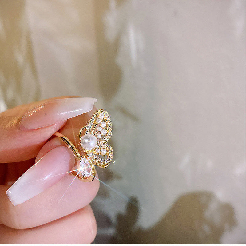 Womens Butterfly Wing Pearl Ring Adjustable Gold Plated Copper Elegant Fashion Jewelry Birthday Gift Gem Stone