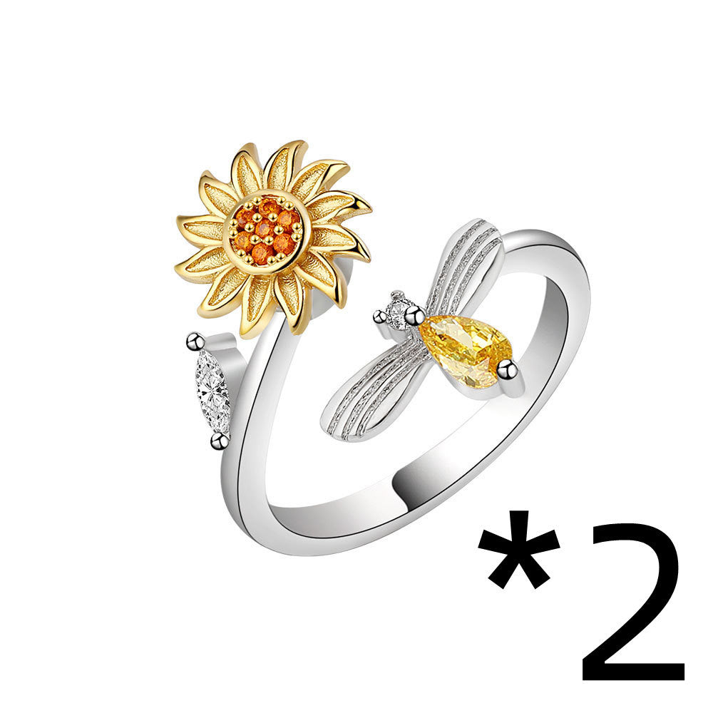 Womens Adjustable Rotating Sunflower Ring Zircon Inlaid Copper White Color Plated Durable Fashion Jewelry Gift