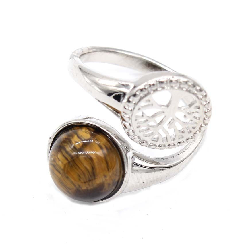 Natural Crystal Round Adjustable Ring Unisex Amethyst Pinkish Green Aventurine Black Agate Turquoise Tiger Eye