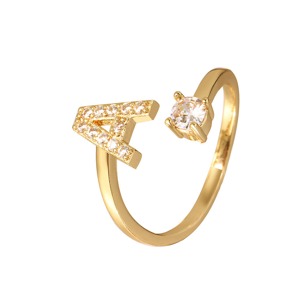 Unisex Copper Ring Adjustable Zircon Inlaid Letter Design