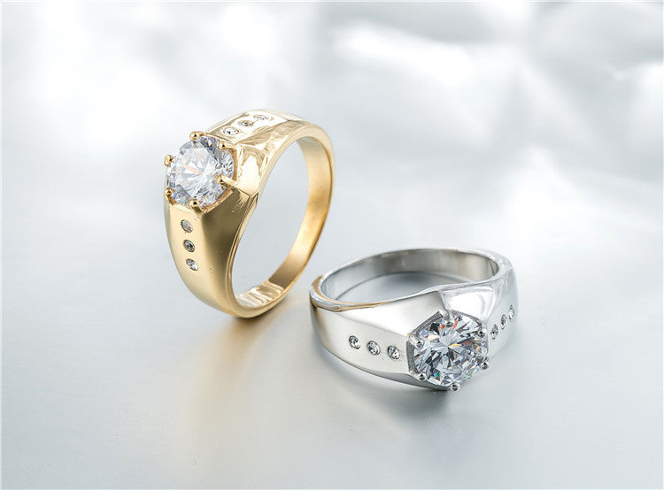 Mens Geometrical Stainless Steel Wedding Ring Gold Plated Inlaid Gemstones Polished Finish Durable Everyday Use