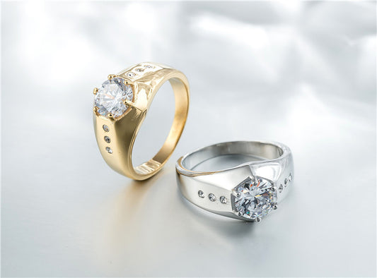 Mens Geometrical Stainless Steel Wedding Ring Gold Plated Inlaid Gemstones Polished Finish Durable Everyday Use