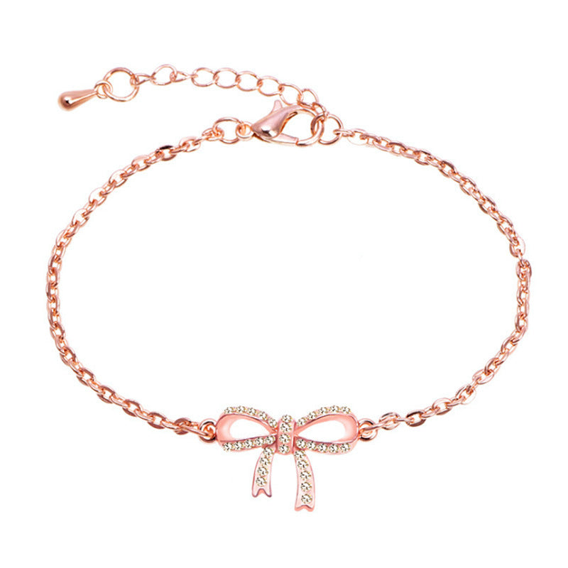 Womens Elegant Rhinestone Bow Bracelet Rose Gold Finish Alloy Hand Jewelry Rhinestone Bracelet For Women And Girls