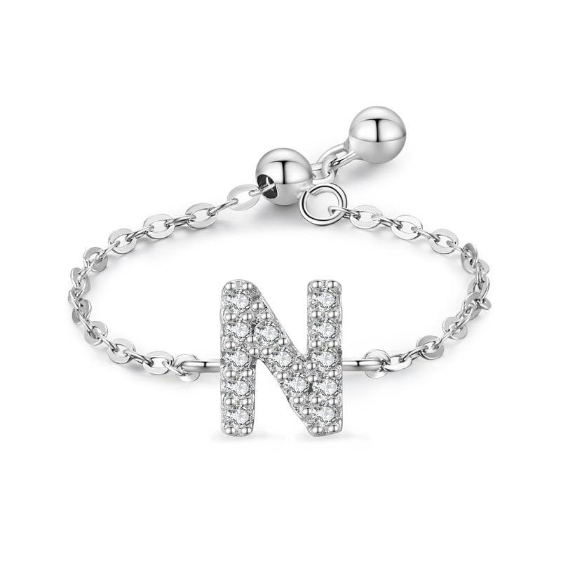 Womens Letter Chain Ring Adjustable Opening Female Fashion Ring Niche Design Love Thin Silver Jewelry English Ring