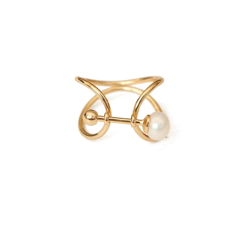 Niche Line Design Geometric Pearl Ring Brass With Real Gold Plating Adjustable Open Ring 1.5cm Wide Natural Pearl