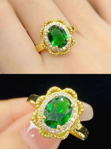 Womens Adjustable Gold Plated Copper Ring Emerald Green Simulated Diamond Hollowed Flower Geometric Design Lux