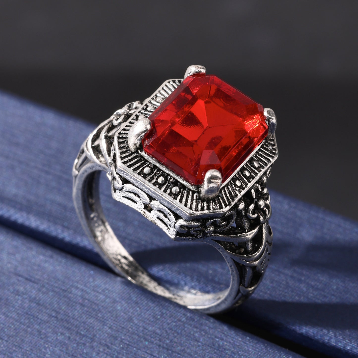 Red Minimalist Hollow Square Ring With Glass Inlay Geometric Jewelry Anniversary Gift For Women Everyday Style