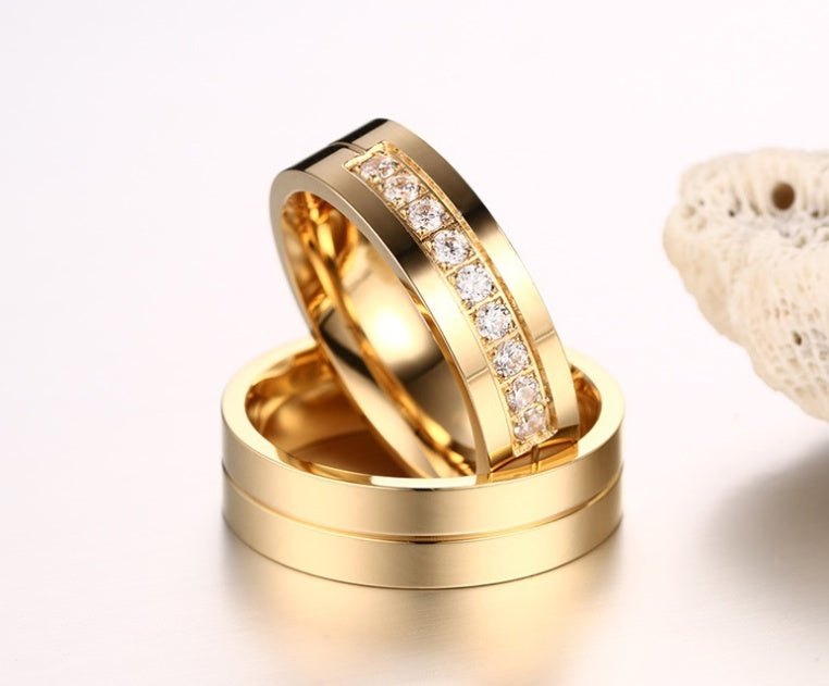 Titanium Steel Couple Ring Electroplated Gold Diamond