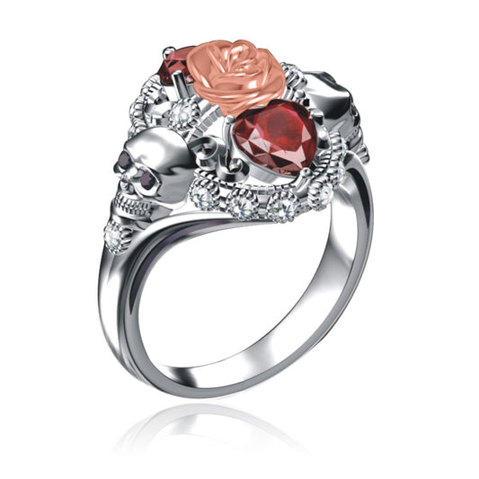 Copper Rose Skull Ring Heart Shape Red Zircon Punk Jewelry Accessories Size 6 7 8 9 10 Copper Tone Finish Glow