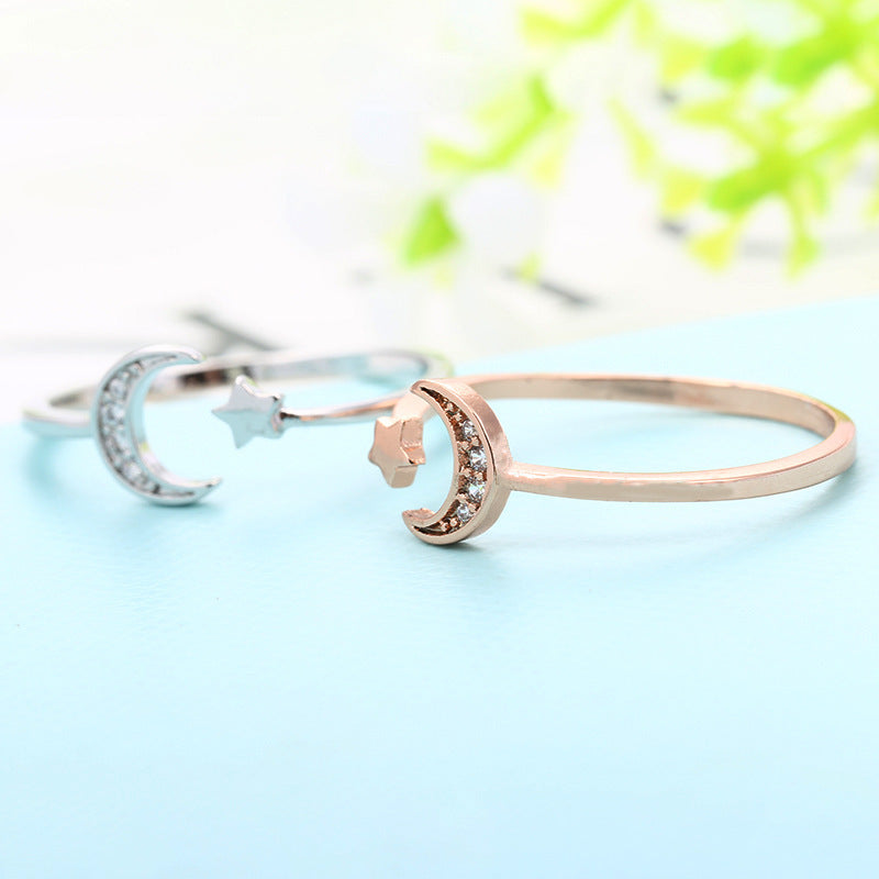 Womens Open Ring With Star And Moon Design Copper Ring Cubic Zirconia Crystal Fashion Jewelry Unique Ring Stylish