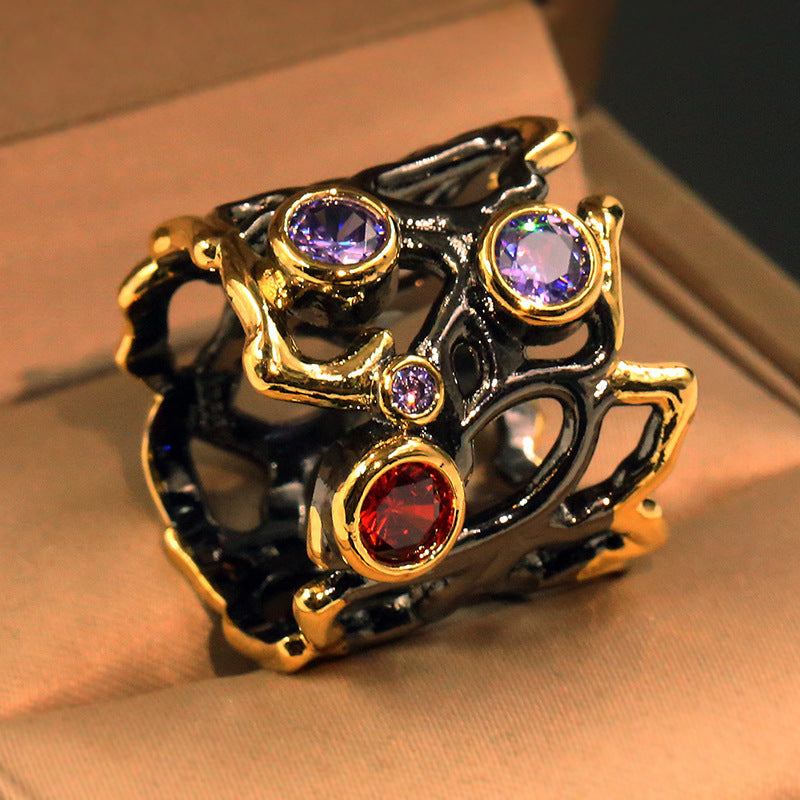 Women's Black Gold Plated Ring With Colored Stone Inlay Hollow Design Brass Gemstone Jewelry European Inspired