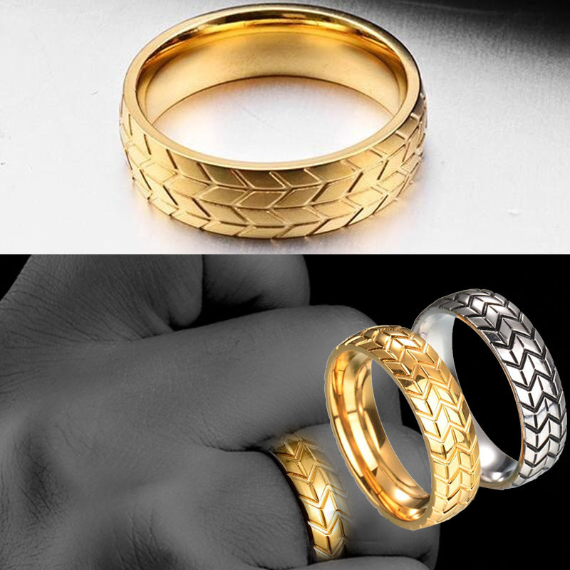 Unisex Metal Geometric Carved Tire Ring Iridescent Design Automotive Ring Gift For Car Lovers Unique Band Ring