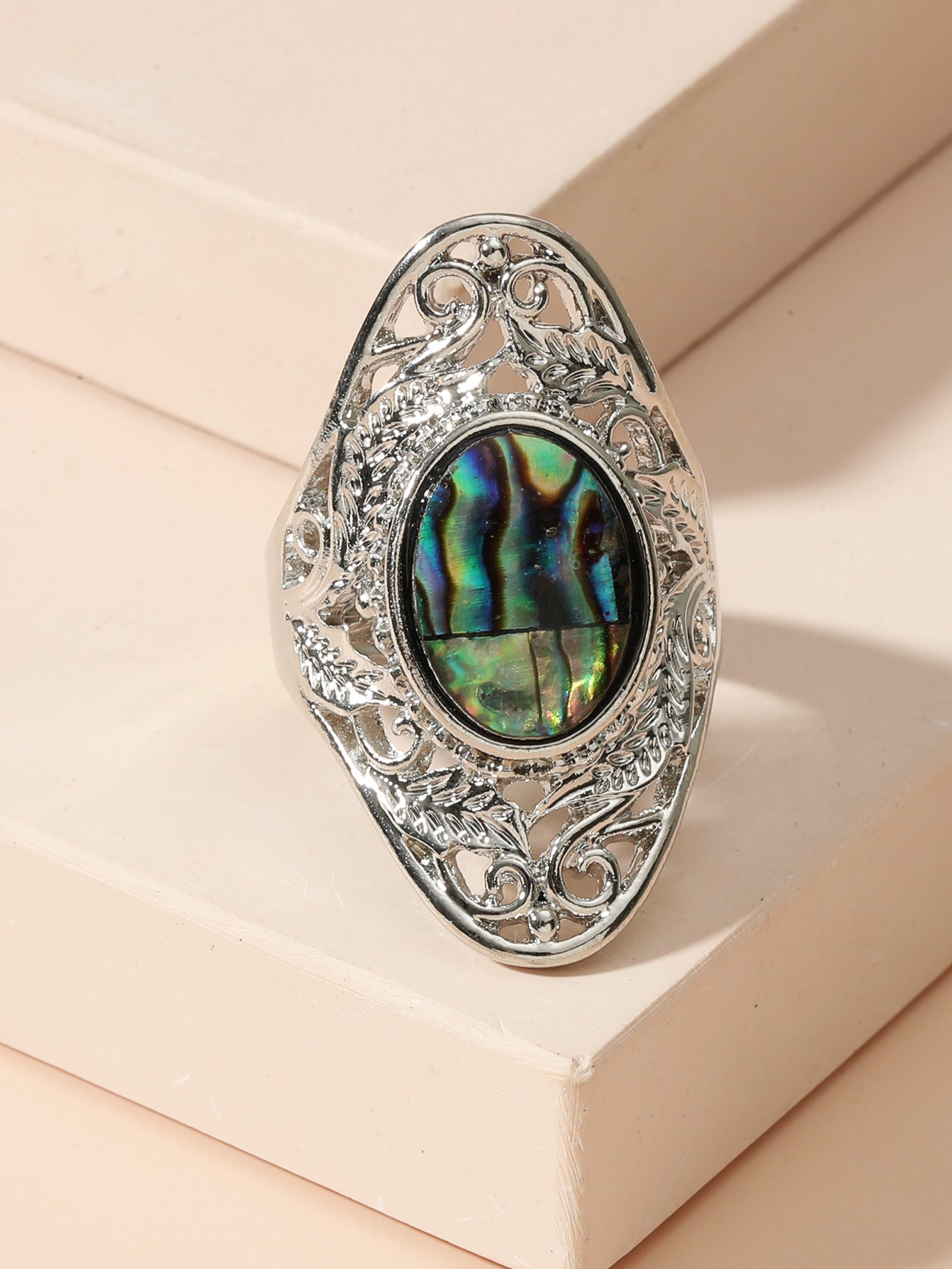 Womens Leaf And Flower Ring With Pendant Adjustable Alloy Ring For Women And Girls Size 6 7 8 9 10 Shell Inlay