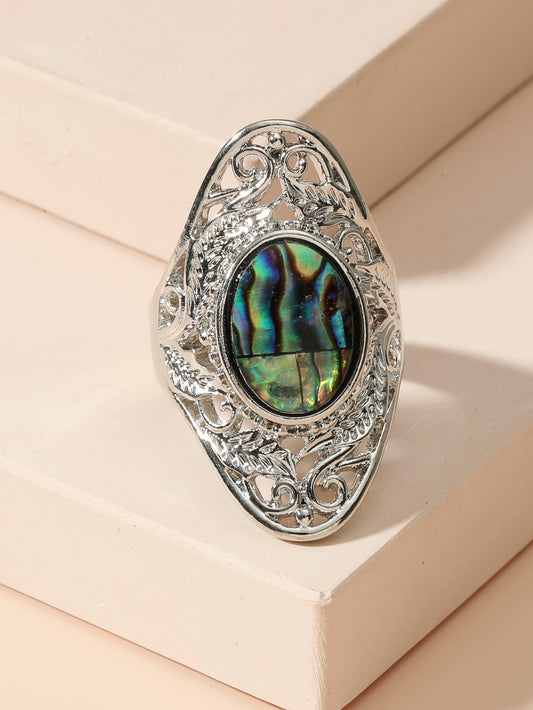 Womens Leaf And Flower Ring With Pendant Adjustable Alloy Ring For Women And Girls Size 6 7 8 9 10 Shell Inlay