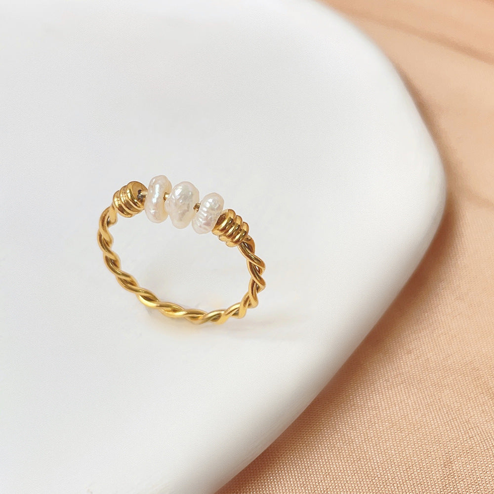 Women Freshwater Pearl Geometric Twisted Titanium Steel Gold Plated Elegant Durable Daily Wear Jewelry Natural