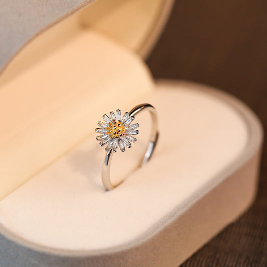 Yellow Daisy Flower Ring For Women Adjustable Silver