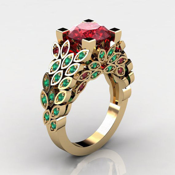 Women Gold Plated Ring With Floral Design And Artificial Ruby Inlay Gift For Her Fashion Jewelry For Her Keeps