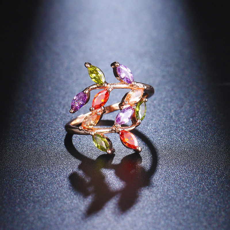 Leafy Zircon Ring Trees Branch Design Rose Gold Plated Copper Fashion Jewelry For Women Wears Trendy Accessory