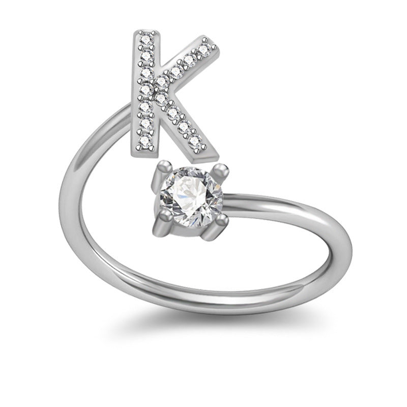 Womens Initial Rings Adjustable Copper Letter Ring With Sterling Silver Gem Inlay Fine European Jewelry A to Z