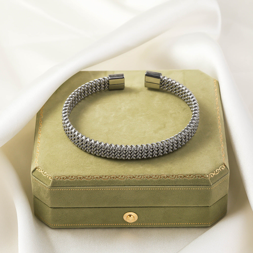 Stainless Steel Woven Bracelet Open Ended Fashion Bangle Electroplated Durable Round Design Accessory Steel And Gold