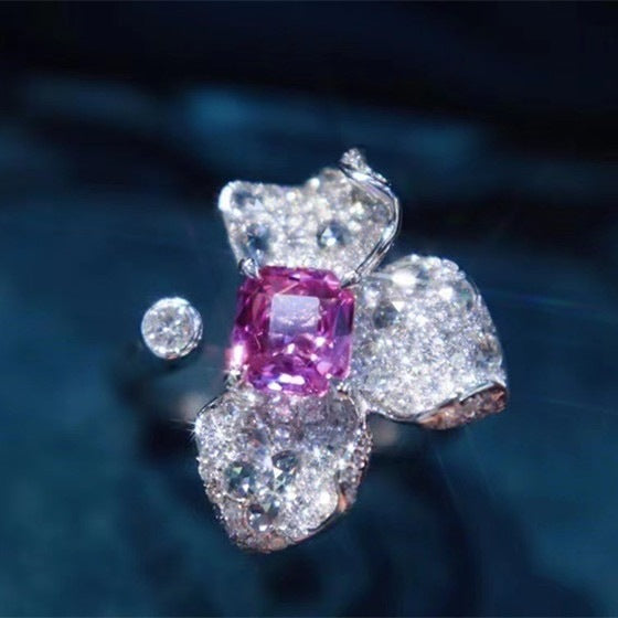 Zircon Flower Ring Copper Bauhinia Design Elegant Jewelry