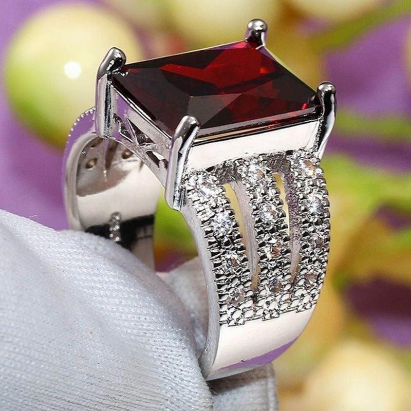 Garnet Red Zircon Skeleton Ring Platinum Plated Copper Jewelry Unique Design Gift For Her Bold Fashion Jewelry