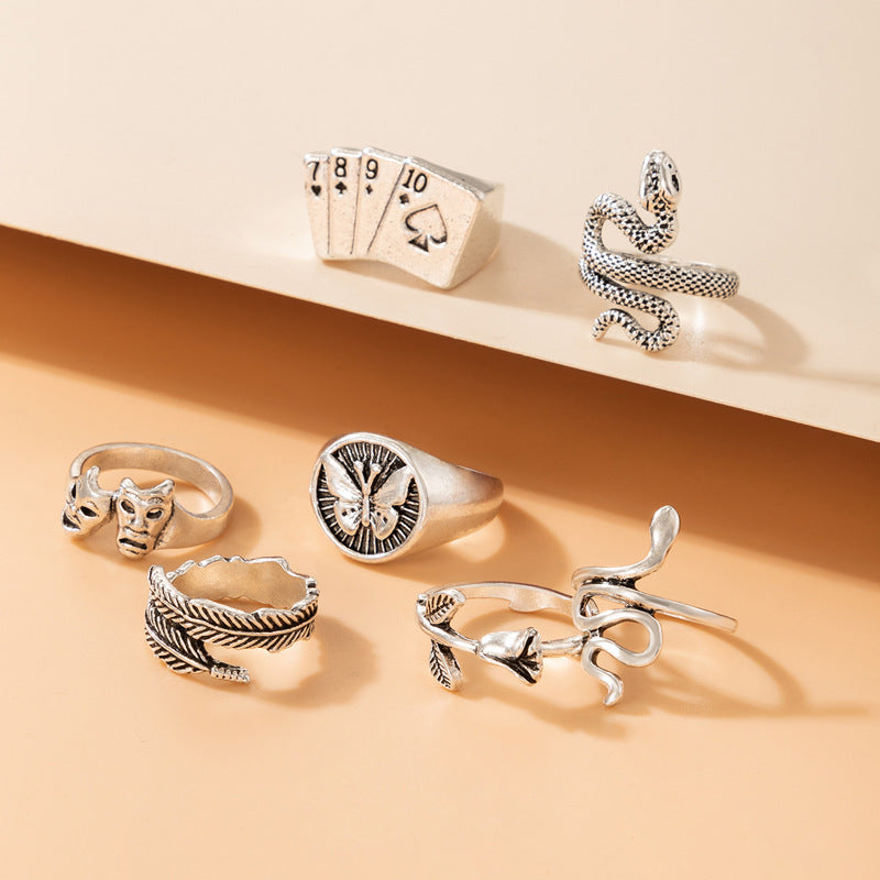 Set Of 7 Geometric Rings Electroplated Finish Vintage Alloy Cartoon Style Jewelry For Women Cute Fashion Accessory