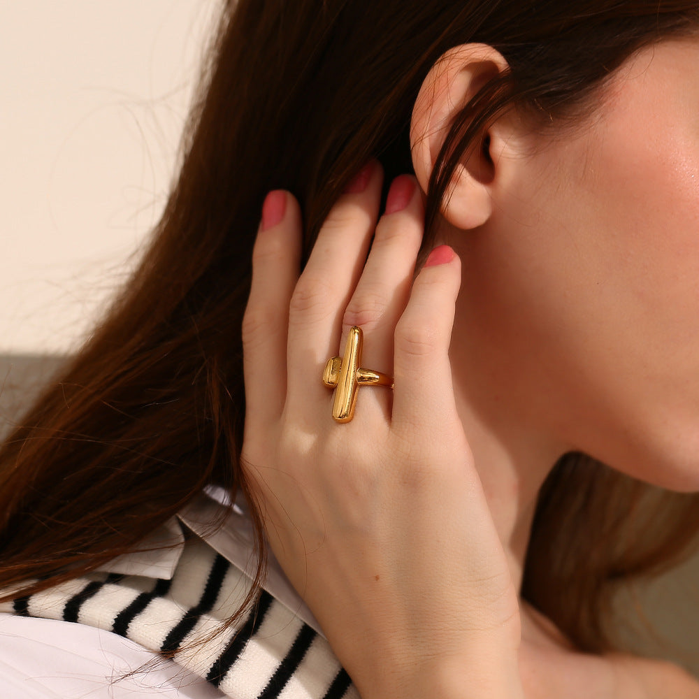 Women's Stainless Steel Open Ring with 18K Gold Plating Geometric Design Fashionable Ring Jewelry for Women Creative Personality Pole Ring