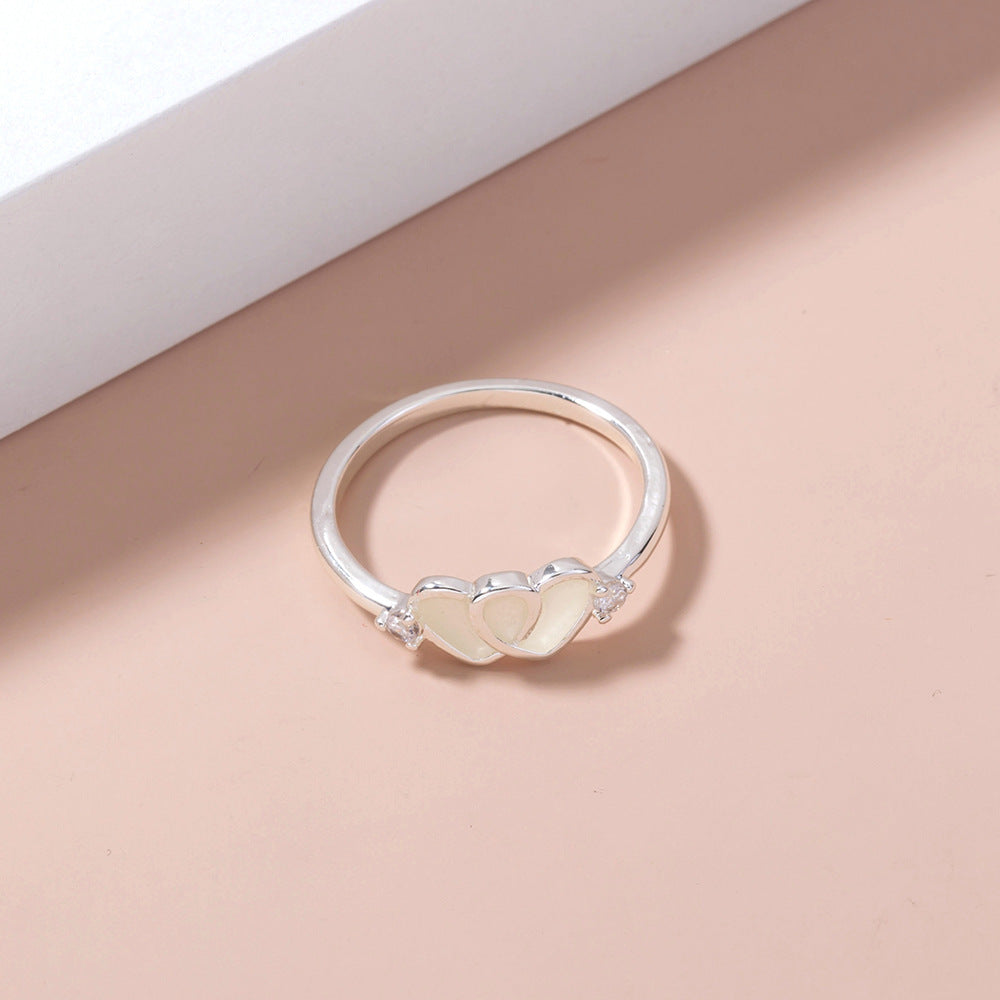 Womens Double Heart Ring Copper Band With Light Blue Zircon European Zodiac Design Electroplated Oil Drip Finish