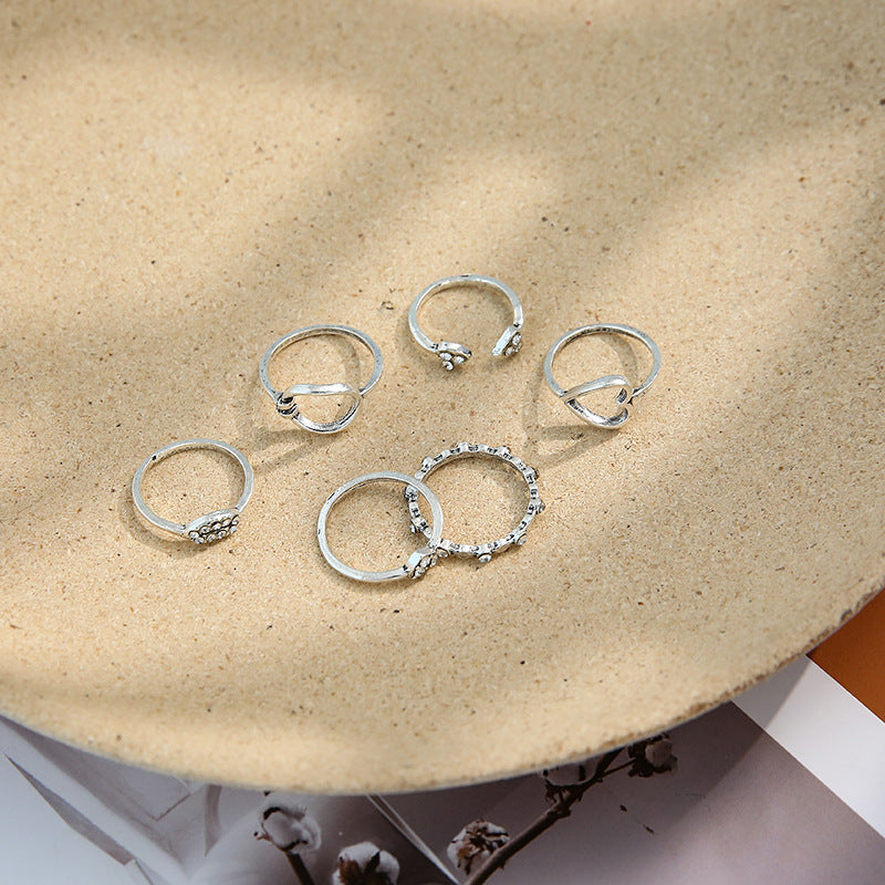 Womens Geometric Retro Ring Set Heart Shaped Alloy Jewelry with Artificial Gems Electroplated Rings Drop Rings