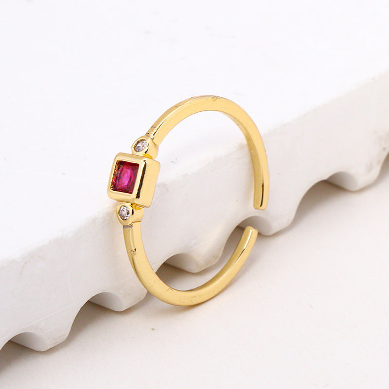 Geometric Square Zircon Ring With Green And Rose Red Inlays