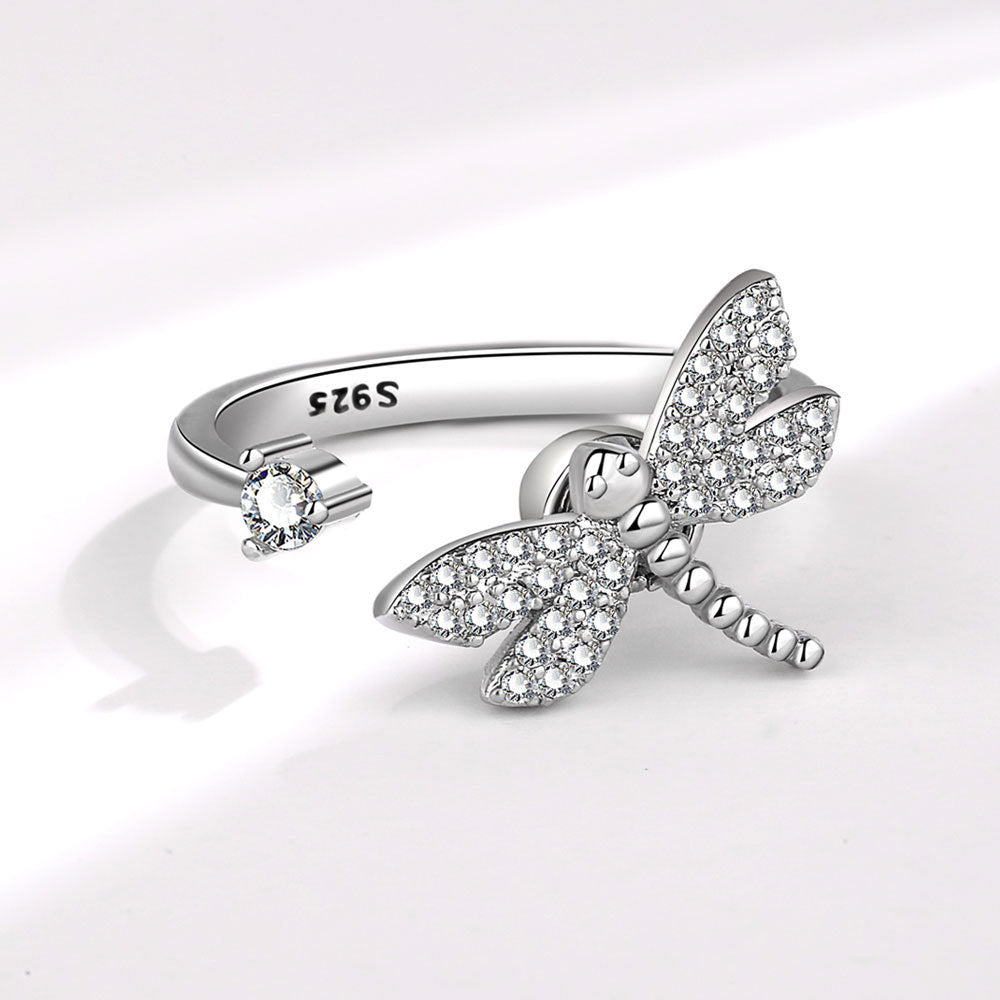 Rotating Dragonfly Zircon Ring White Gold Finish Adjustable