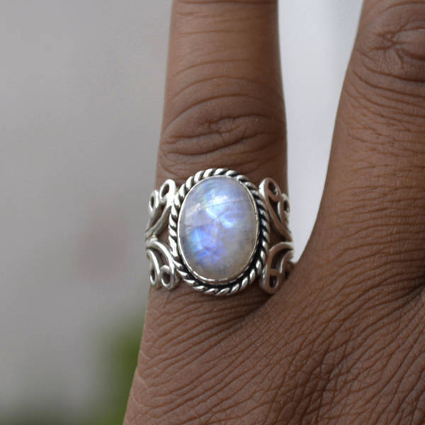 Womens Moonstone Ring Niello Geometric Jewelry Elegant Statement Accessory European Style Copper Filigree Glow