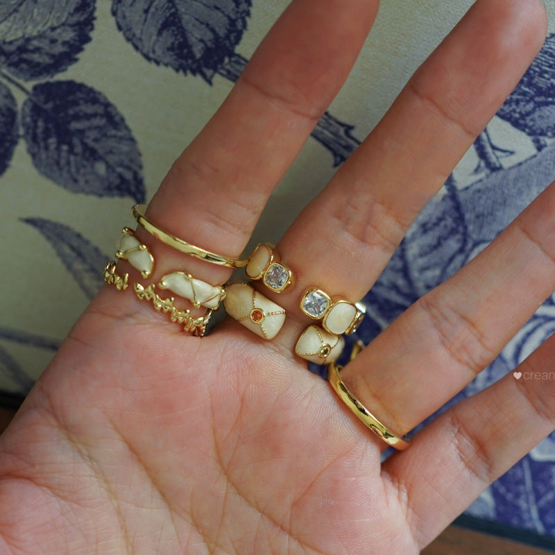 Enamel Streamer Open Ring Milky White Copper Geometric Jewelry Adjustable Fashion Accessory Gift for All Women