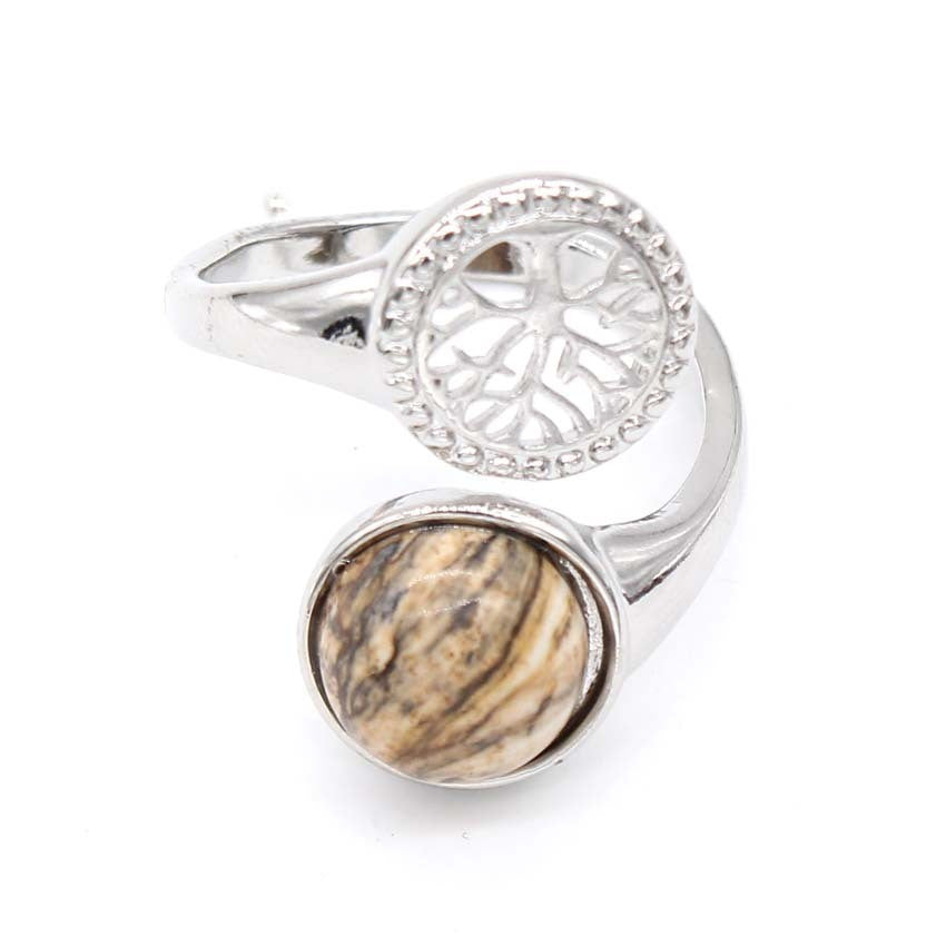 Natural Crystal Round Adjustable Ring Unisex Amethyst Pinkish Green Aventurine Black Agate Turquoise Tiger Eye