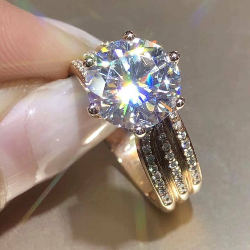 Six Claw Solitaire Ring Gold Tone Copper Zircon Sparkling Engagement Wedding Anniversary Jewellery Gift Yellow