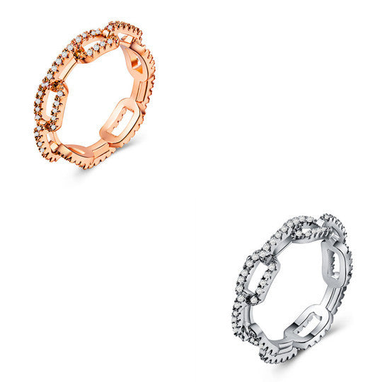 Zircon Inlaid Lock Chain Ring Gold Plated Copper Geometric