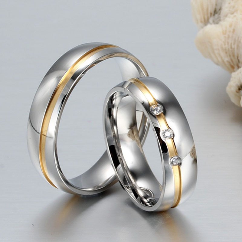 Couple Wedding Rings Stainless Steel Band With CZ Cubic Zirconia 6mm Lovers Promise Anniversary Gift IdeaToday