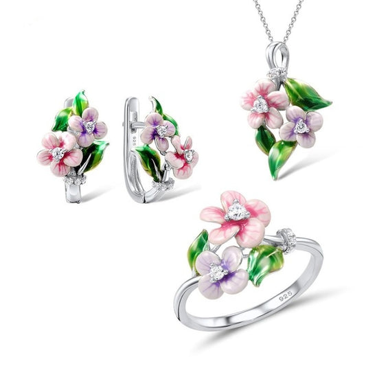 Womens Flower Enamel Copper Jewelry Set Dainty Floral Epoxy Pendant Necklace Earrings Ring Elegant Fashionable
