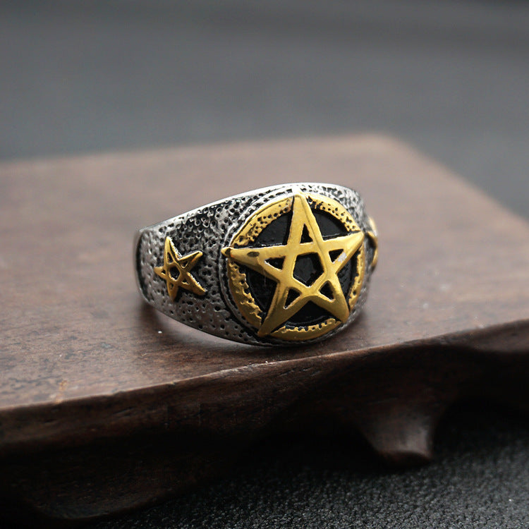 Pentagram star male gold ring titanium steel ring