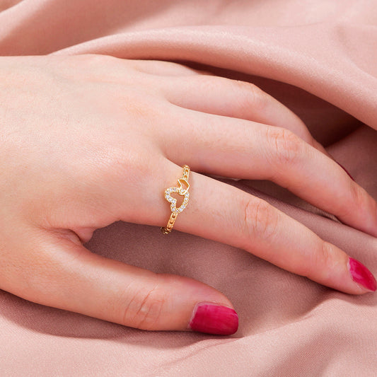 Womens Golden Heart Ring With Zircon Inlay Adjustable Copper Love Ring Simple Band Anniversary Gift Shine Love