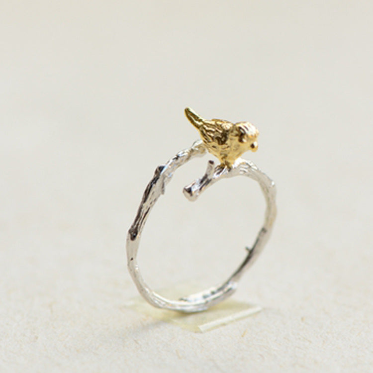 Sterling Silver Branch Ring With Bird Design Animal Zodiac Open Adjustable Korean Style Fashion Jewelry For Women 925