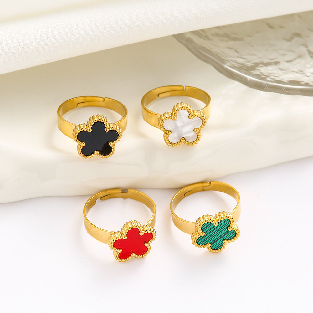 Unisex Adjustable Five Leaves Elegant Ring Titanium Steel Ring Open Fading Ornament Elegant Floral Design Ring