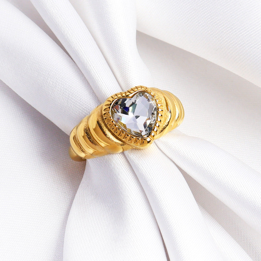 Unisex Heart Shaped Ring White Zircon Inlaid 8K Gold Plated Stainless Steel Geometric Letter Text Pearl Design