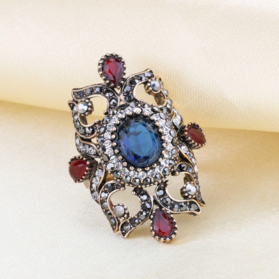 Womens Retro Flower Jewel Ring Alloy Electroplated European American Fashion Accessory Midi Ring Gold Blue Red