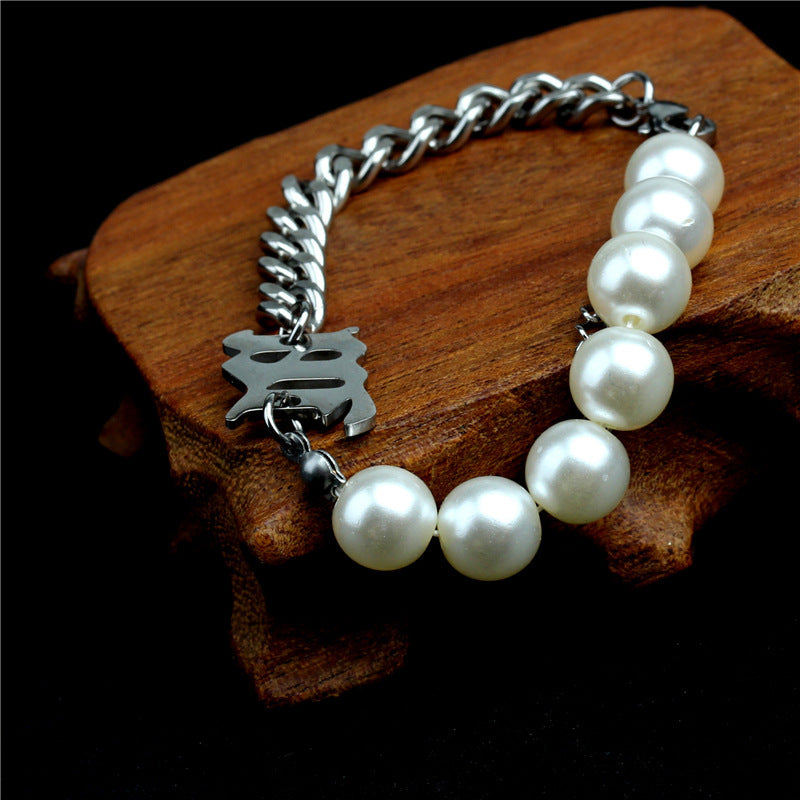 Womens Titanium Steel Pearl Letter Bracelet Geometric Design Jewelry Durable 18cm Fashionable Bracelet and Stylish