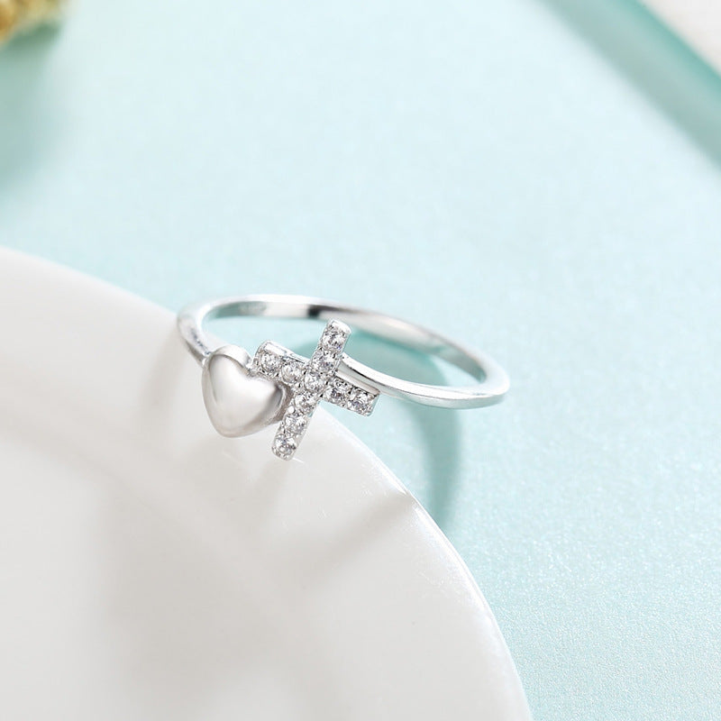 Sterling Silver Heart Ring With Cross Design For Women 925 Peach Jewelry Fashion Ring For Women And Girls Gift