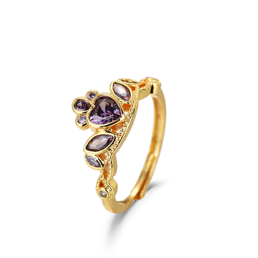 Crown Zircon Heart Ring Copper Plated Jewelry For Her Engagement Anniversary Gift Elegant Adjustable Band Glow