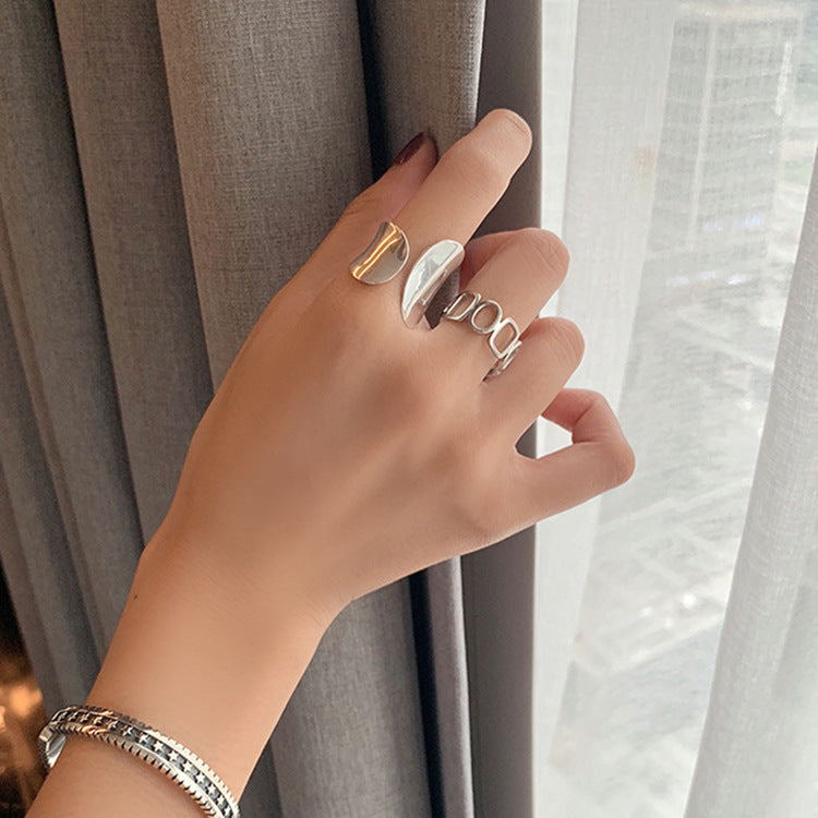 Womens 925 Sterling Silver Rings Geometric Hollow Wide Band Polished Finish Electroplating Fashion Index Finger