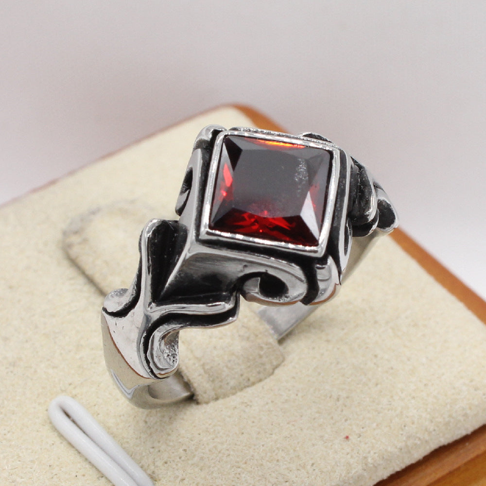Titanium Steel Ring With Red Stone Retro Gem Accents